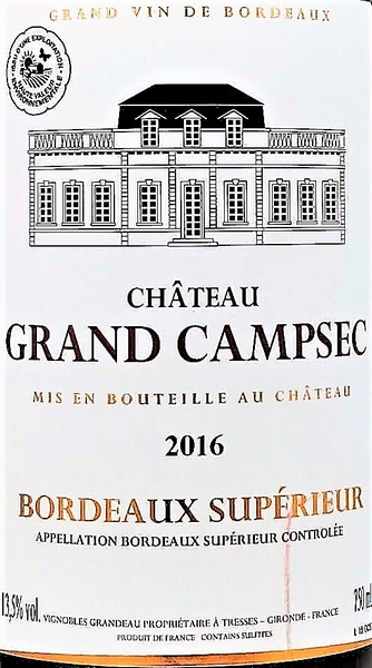 Bordeaux Supérieur 2016 rood Chateau Grand Campsec