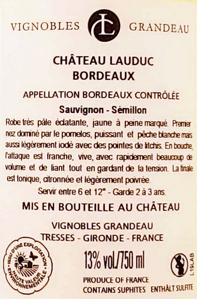 Bordeaux Blanc 2019 Sec Chateau Lauduc Classic