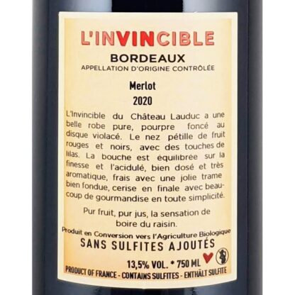 L'Invincible 2020 zonder sulfiet Bordeaux rouge chateau Lauduc